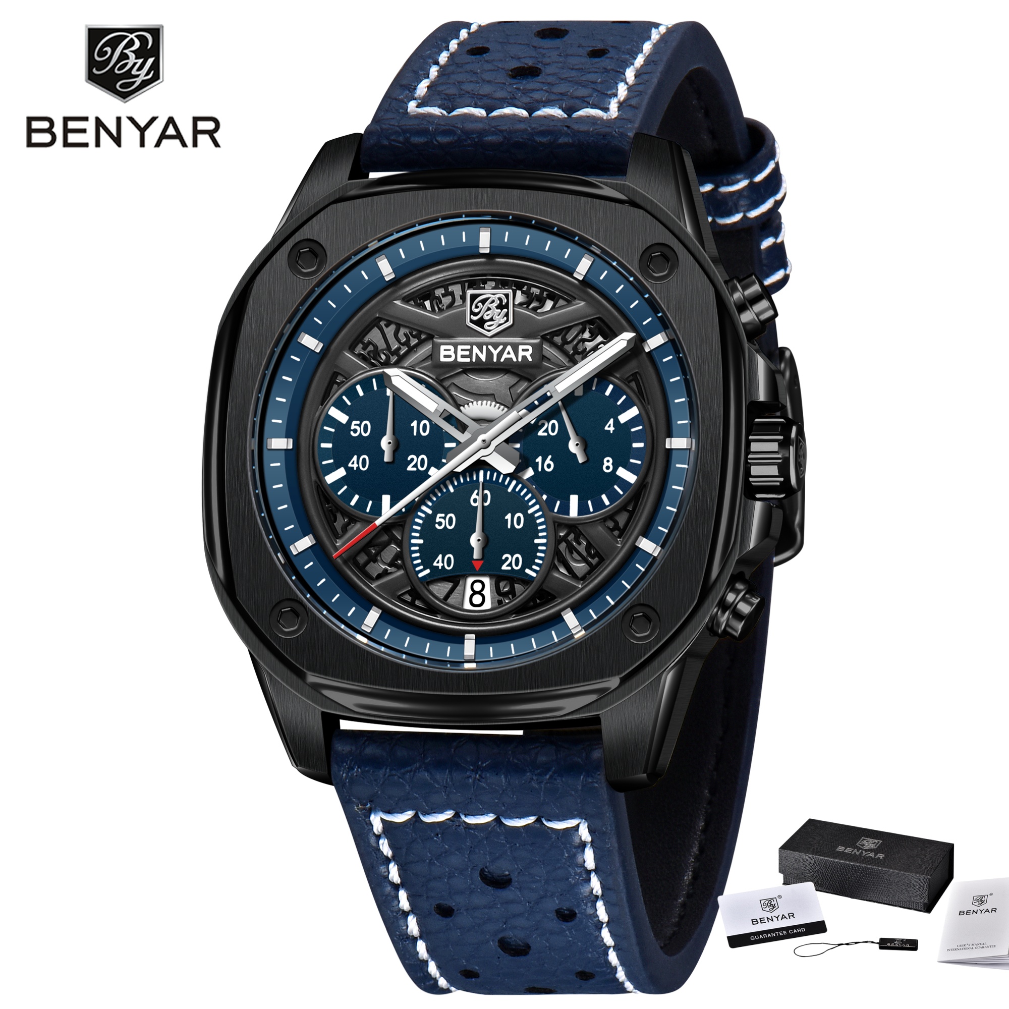 Leather Watch Band Men - BENYAR 5222 Men's Sports Chronograph Military