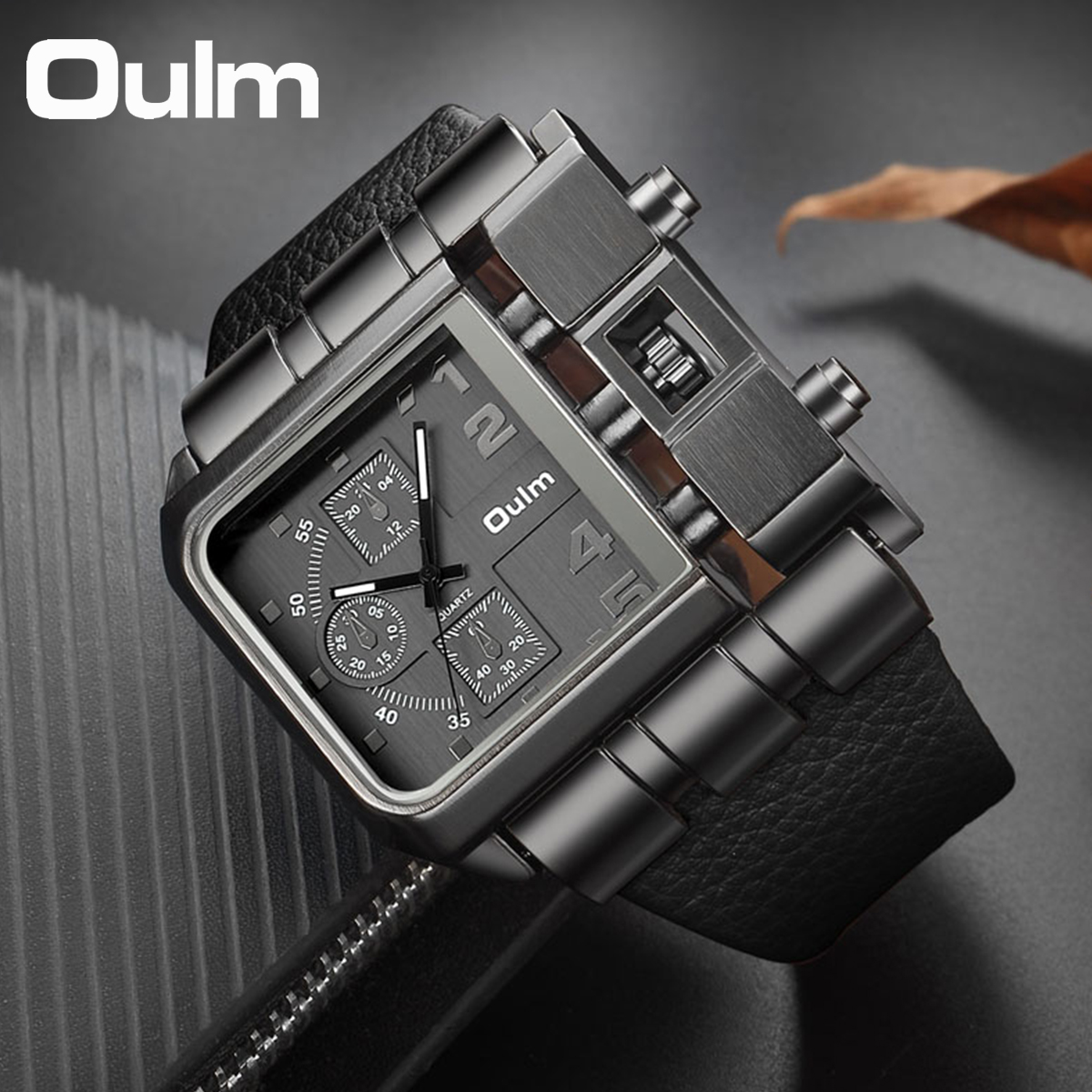 Leather Watch Band Men - Oulm Casual Wristwatch Square Dial Wide
